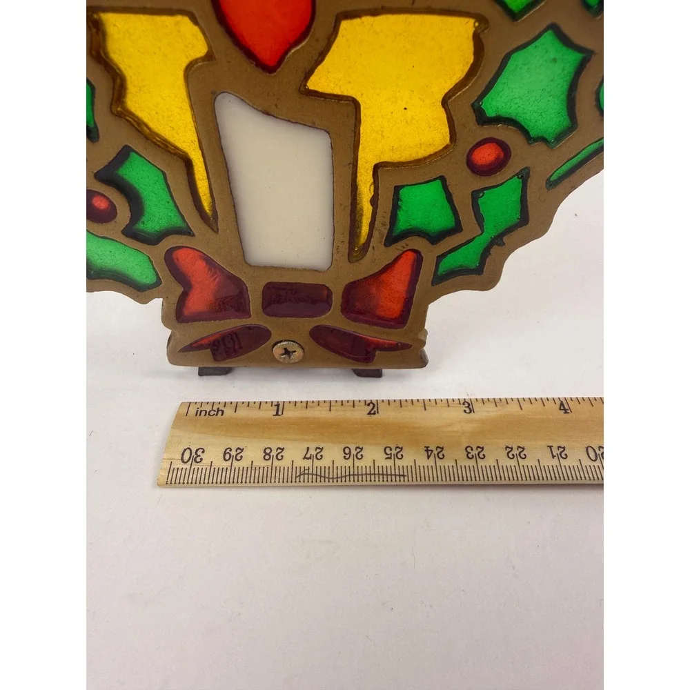 Vintage Christmas Wreath Stained Glass Style Cast Metal Votive Candle Holder